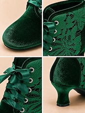  Grüne viktorianische Samt-Ankle-Boots für Damen, Schnürstiefel mit floraler Spitze und Kitten-Heel im Vintage-Stil für Partys, Cosplay und als Hochzeitsgast-Outfit