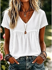  Mulheres Camisa Social Camisas de algodão e linho Côr Sólida Boêmia Férias Vintage Sem Manga Manga Curta Decote V Tops regulares Casual Azul Branco Amarelo Rosa Verão Primavera
