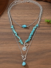 abordables Collar de mujer-Conjunto de collar de turquesa en capas para mujer, joyería boho de piedra natural con cadena de aleación de plata, regalo de moda de verano para mujeres maduras, playa, resort, fiesta en el jardín,
