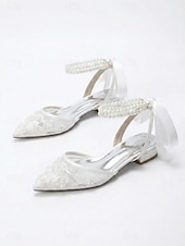 baratos Bruidsmeisje-Women's Navy Blue Wedding Flats - Pearl Ankle Strap Mesh Bridesmaid Shoes with Bow for Garden Wedding Guest
