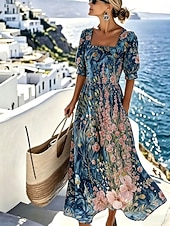  Femmes Robe Midi Robe Décontractée Robe trapèze Élégant Vacances Plage Fête Coupe régulière Fleuri Graphique Manche Courte Col carré Bleu Rose Claire Vert Été Printemps