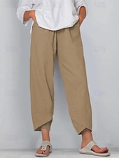 baratos Partes inferiores-Calça capri feminina 100% algodão, ideal para o verão, casual, para uso diário, comprimento até o tornozelo, lisa, com bolsos laterais, respirável, confortável e sem elasticidade. Disponível nas cores preto, vinho, verde e cáqui. Primavera e verão.