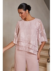 preiswerte Polished Edit-Damen Blusen Rundhalsausschnitt Halbarm Flattrige Ärmel Elegant Alltagstauglich Hochzeitsgast mit Burnout Blumig Stufenrüschensaum Rosa