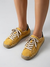 cheap Women's Sneakers-Women's Yellow Handcrafted Retro Casual Sneakers – Embroidery Lace-up Walking Shoes with Non-slip Sole for Travel, Outdoor Walking &amp; Everyday Wear