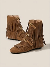 abordables Donne-Women's Brown Suede Festival Boots - Flat Boho Fringe Ankle Boots with Triple Buckle Straps for Coachella Rave &amp; Country Music Concert