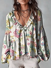 cheap Floral Blouses-Women's Shirt Tunic Ruffle Ombre Floral Graphic Elegant Bohemia Vacation Long Sleeve V Neck Long Tops Casual Daily Blue White Yellow Red Purple Summer Spring
