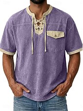 abordables camisetas basicas-Hombre Camiseta Camisa vaquera Camisa 100% algodón con lavado ácido Manga Corta cuello con cordones Otoño invierno Primavera Otoño Plano Vintage Ropa de calle Casual Bolsillo Lavado Casual Hogar Calle