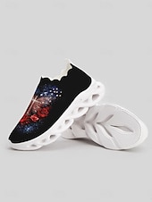  Pantofi sport negri pentru femei cu pernă de aer patriotică – adidași slip-on cu imprimeu de trandafir galaxic cu tema „4 iulie” din SUA, pentru sărbătorirea Zilei Independenței, călătorii și confort