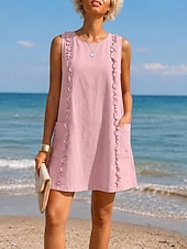 cheap Plain Dress-Women's Knee Length Dress Linen-feel Dresses Shift Dress Vacation Daily Loose Fit Pure Color Sleeveless Crew Neck Blue Coffee brown yellow-green Black Summer