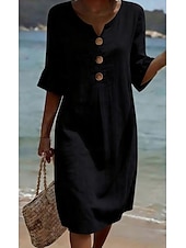 abordables Robes-Femmes Robe Midi Robes effet lin Robe fourreau Occasionnel Quotidien Coupe Ample Uni Manche 3/4 Col en V Bleu Noir Blanche Vert Été Printemps Automne