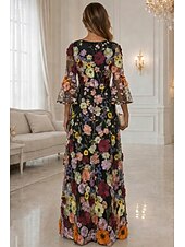 abordables Vestidos de Noche en A-Corte A Hasta el Suelo Vestidos de noche Vestimenta formal Elegante Floral Manga Larga Escote en Pico Boda Formal Encaje con Flores 3D Bordados Apliques