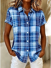 abordables Blusas a rayas y geométricas-Mujer Camisa Botones Estampado Graphic Plaid A Rayas Vintage Diario Elegante Manga Corta Cuello Camisero Tops largos Casual Diario Azul Piscina Blanco Rosa Morado Naranja Verano Primavera