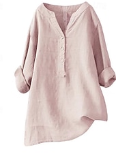 economico Camicie-Camicie da donna 100% cotone con bottoni, tinta unita, vintage, maniche lunghe, scollo a V, top lunghi, casual, rosa chiaro, curcuma, nero, verde oliva, rosso, primavera