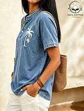  SoftFade™ Women's Vintage 100% Cotton Henley Shirt - Soft Washed Short Sleeve Basic Tops
