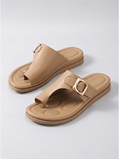 cheap Comfort Sandals-Women's Brown Buckle Comfort Slide Sandals – Cushioned Footbed Slippers, Open Toe Casual Summer Walking Sandals with Arch Support for All-Day Comfort, Travel, Vacation and Daily Wear