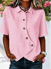 abordables Blusas a rayas y geométricas-Women's Shirt Patchwork Striped Bohemia Vacation Daily Sleeveless Turndown Long Tops Casual Blue Black Yellow Pink Green Summer Spring
