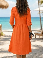  Per donna Abito al ginocchio Abiti in cotone e lino Abito Camicia Elegante Vacanza Classico Quotidiano Ufficio Vacanza Vestibilità regolare Semplice Manica Lunga Scollo a V Rosso Blu marino Arancione