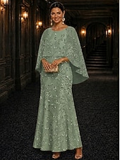 billiga Knöchellänge-A-Line Dress Floor Length Ankle Length Cocktail Dress Mother of the Bride Dress Long Sleeve Scoop Neck Elegant Luxurious Sparkle &amp; Shine Formal Wedding Guest Semi Formal Lace with Beading Sequin
