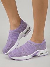 ieftine Adidași de Damă-Teniși sport slip-on pentru femei, tricotați cu strasuri mov – pantofi sport respirabili cu pernă de aer și talpă ușoară care absoarbe șocurile, pentru călătorii, fitness și confort de zi cu zi
