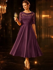 baratos Comprimento do chá-Linha A Longuette Vestido de festa Vestido Coquetel Vestido de convidada de casamento Vestido Para Mãe dos Noivos Meia Manga Scoop pescoço Elegante Vintage Convidado do casamento Cetim Renda com