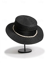 cheap Women's Hats-Women's Flat Top Straw Boater Hat, Pearl Trim Summer Sun Hat, Multiple Colors, Elegant Wide Brim Vacation Beach Hat for Travel, Resort, Garden Party &amp; Daily Wear
