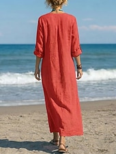  Per donna Abito maxi Abiti di lino Vintage Quotidiano Vestibilità comoda Colore Puro Manica Lunga Scollo a V Rosso Estate