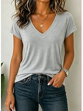 abordables Plain tee-Women's Oversized T Shirt Tee Top Solid Color Elegant Stylish Short Sleeve V Neck Regular Tops Casual Daily Black White Pink Purple Apricot Summer Spring
