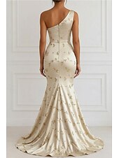 preiswerte Meerjungfrau Abendkleider-Meerjungfrauenschnitt Bodenlange Schleppe Abendkleid Elegant Blumen seidig Ärmellos Ein-Schulter Abendgesellschaft Gartenparty Satin Jacquard mit Gerafft
