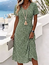  Women's Knee Length Dress T Shirt Dress Tee Dress A Line Dress Vacation Casual Boho Beach Regular Fit Floral Graphic Short Sleeve V Neck Blue Purple Green Summer Spring