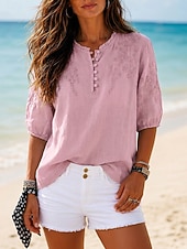 economico Bluse Semplici-Per donna 100% cotone Camicia button-down Tessuto Ricamato Bottoni Vintage Scollo a V Top lunghi Casuale giallo verde Rosa Blu reale Viola Estate Primavera