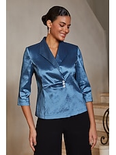 preiswerte Polished Edit-Damen Oberteile Blusen Revers Dreiviertelarm Elegant Alltagstauglich Mutter der Braut Hochzeitsgast mit Chamäleon-Stoff Strass Glitzer Verzierte Taillendetails Tintenblau
