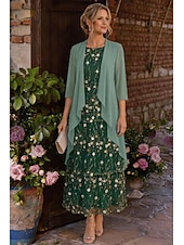 ieftine Seturi de rochii pentru mama-Două Piese Linia -A Lungime Gleznă Rochie Mama Miresei Lungime Manșon 3/4 Stil Nautic Elegant Simplu Luxos Oficial Invitat la nunta Șifon Dantelă Rochii jacheta cu Volane Straturi Broderie