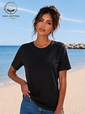 cheap Plain tee-Women's T Shirt Summer Tops Cotton Shirt Tee Top Solid Color Fashion Stylish Basic Short Sleeve Crew Neck Round Neck Regular Tops Casual Daily Beach Blue Khaki Indigo Green with beige Black Summer