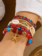 baratos Pulseira Feminina-Conjunto de pulseiras femininas boho em camadas com 8 peças, pingente de estrela-do-mar e concha, em liga dourada, multifilamento, perfeitas para usar na praia, férias de verão e viagens.