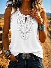  Mulheres Malha Íntima Renda Tecido Elegante Vintage à moda Sem Manga Decote V Tops regulares Casual Diário Azul Branco Rosa Vermelho Azul Marinha Verão Primavera
