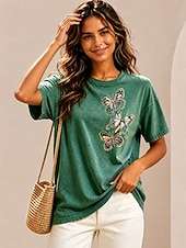 preiswerte Blumen-T-Shirt-Damen 100% Baumwolle Besticktes T-Shirt Grafik Schmetterling Vintage Klassisch Lässig Kurzarm Rundhalsausschnitt Normale Oberteile Lässig Täglich Wochenende Grün Sommer Frühling