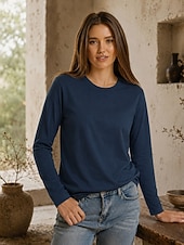 ieftine tricou simplu-Tricouri de damă din bumbac 100% - tricou de calitate, cu mânecă lungă și guler rotund
