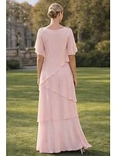preiswerte Bodenlänge-A-Linie Bodenlang Kleid für Hochzeitsgäste Stufenkleid Abendkleid Brautmutterkleid Kurzarm Wasserfallausschnitt Elegant Formell Hochzeitsgast Semi-Formal Chiffon mit Rüschen Drapierung Stufen