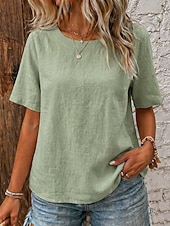  Жен. Льняная рубашка Летняя рубашка Pullover Винтаж С короткими рукавами Вырез под горло Повседневные Лето Весна