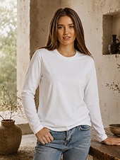 ieftine tricou simplu-Tricouri de damă din bumbac 100% - tricou de calitate, cu mânecă lungă și guler rotund