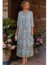 ieftine Seturi de rochii pentru mama-Două Piese Linia -A Lungime Gleznă Rochie Mama Miresei Lungime Manșon 3/4 Stil Nautic Elegant Simplu Luxos Oficial Invitat la nunta Șifon Dantelă Rochii jacheta cu Volane Straturi Broderie