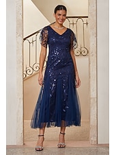  Women's Mermaid Trumpet Cocktail Dress Wedding Guest Dress Ankle Length V Neck Short Sleeve Petal Sleeve High Waist Vintage 1980s Mother Of The Bride Party with Mesh Lace Glitter Flared Tulle Hem
