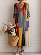  Women's Midi Dress Sundress Casual Dress A Line Dress Vacation Stylish Casual Holiday Regular Fit Graphic Geometric Long Sleeve V Neck Black Pink Orange Summer Spring