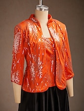 cheap Women's Blouse Suits-Women's Sequin Tops Twinset Sequins Feather Elegant 3/4 Length Sleeve Mandarin Collar Regular Tops Wedding Guest Orange Spring Fall