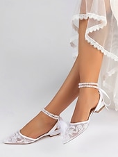 baratos Bruidsmeisje-Women's Navy Blue Wedding Flats - Pearl Ankle Strap Mesh Bridesmaid Shoes with Bow for Garden Wedding Guest
