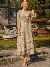 tanie Zestawy sukienek dla mamy-Two Piece A-Line Tea Length Wedding Guest Dress Mother of the Bride Dress Sleeveless 3/4 Length Sleeve Crew Neck Elegant Simple Minimalist Formal Semi Formal Chiffon Jacquard with Floral Print Ruched