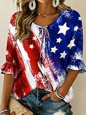  Dia da Independência Americana Mulheres Blusa Botões Imprimir Gráfico Bandeira americana Vintage Diário à moda Meia Manga Gola Redonda Tops regulares Casual Diário Azul Branco Vermelho Azul Real