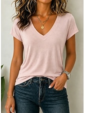 abordables Plain tee-Women's Oversized T Shirt Tee Top Solid Color Elegant Stylish Short Sleeve V Neck Regular Tops Casual Daily Black White Pink Purple Apricot Summer Spring
