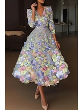 preiswerte Cocktailkleider-A-Linie Tee-Länge Cocktailkleider Elegant Vintage Blumen Halbarm V Ausschnitt Hochzeit Formell Rosa Kleid Satin Spitze mit Stickerei Tasche