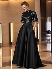 cheap A-Line Evening Dresses-A-Line Sweep Brush Train Evening Gown Elegant Glittering Sparkle Short Sleeve High Neck Wedding Formal Pocket Satin with Pleats Sequin